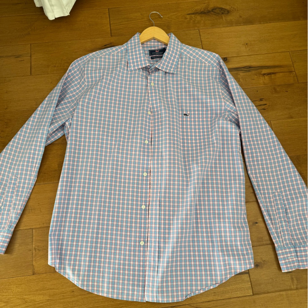 Vineyard Vines Men's Pink and Blue Plaid Shirt